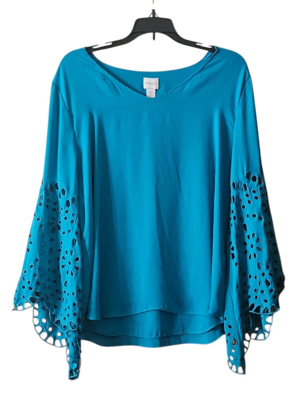 Chico’s Cutout Sleeve Blouse Women’s Size 2 Teal Bell Sleeve Top